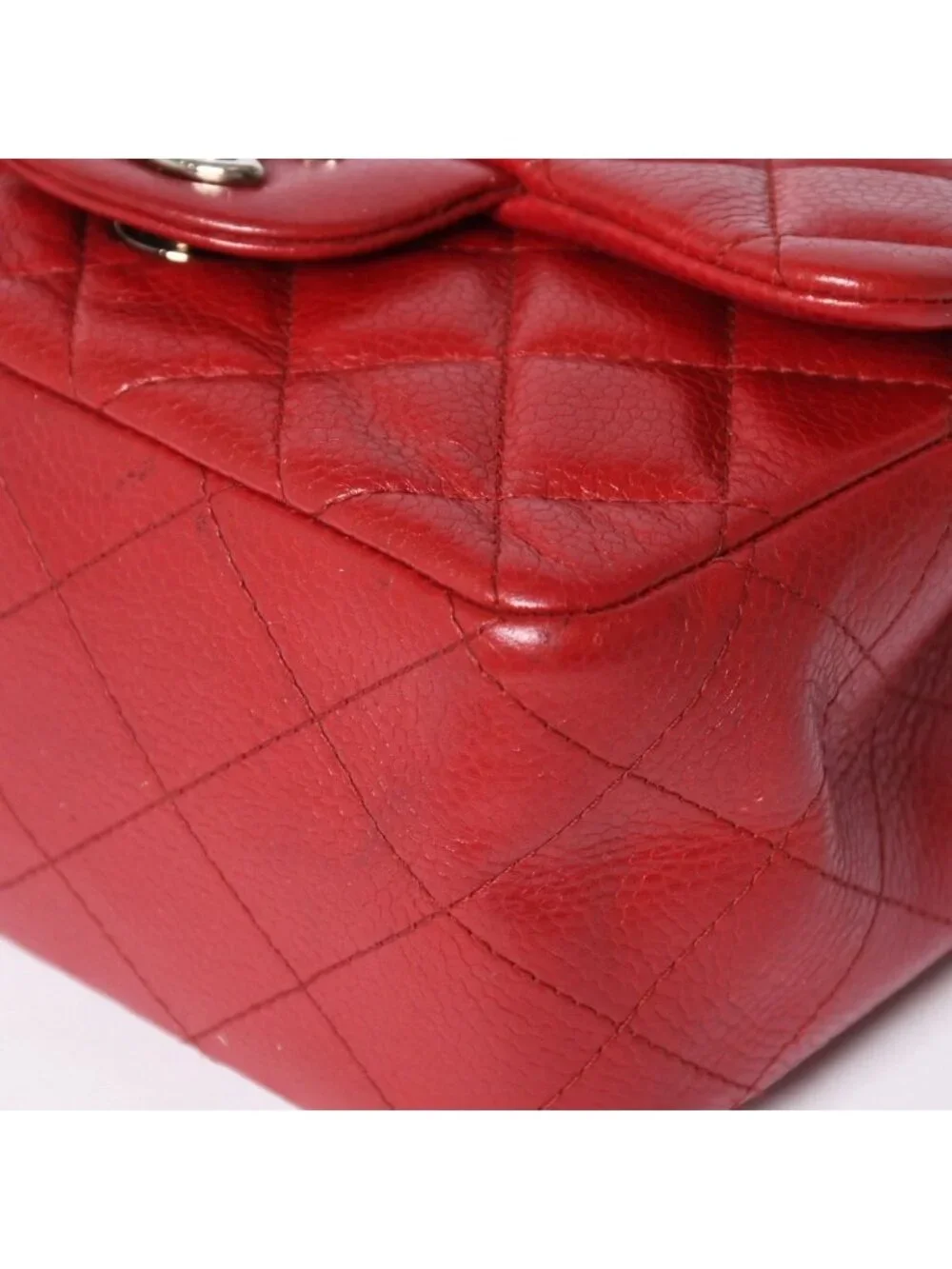 Chanel Mini Quilted 16 Chain Shoulder Bag Caviar Leather Red Silver